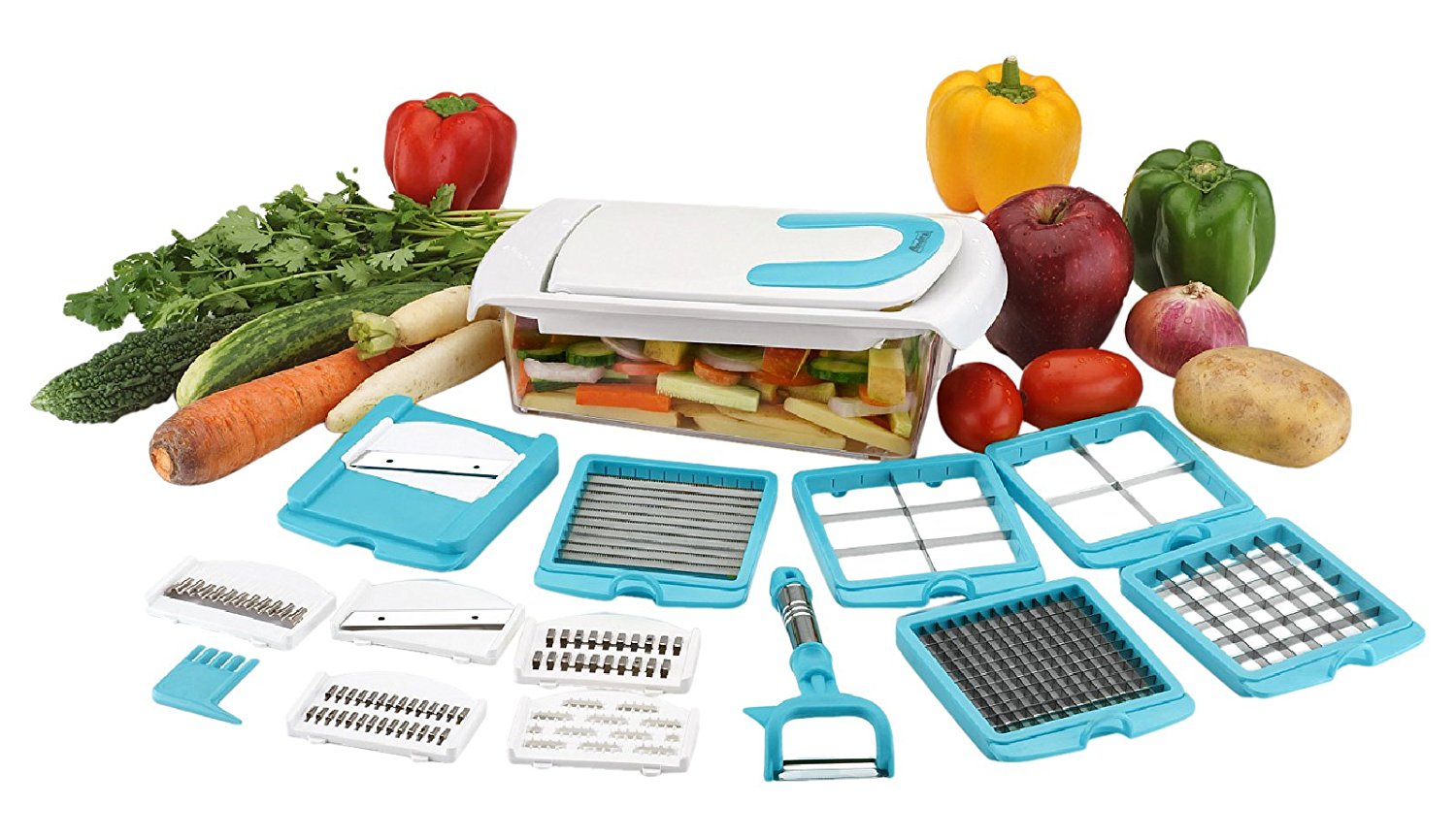 Amiraj 12-in-1 Quick Dicer Set, 13-Pieces, White/Blue at Rs 339 only