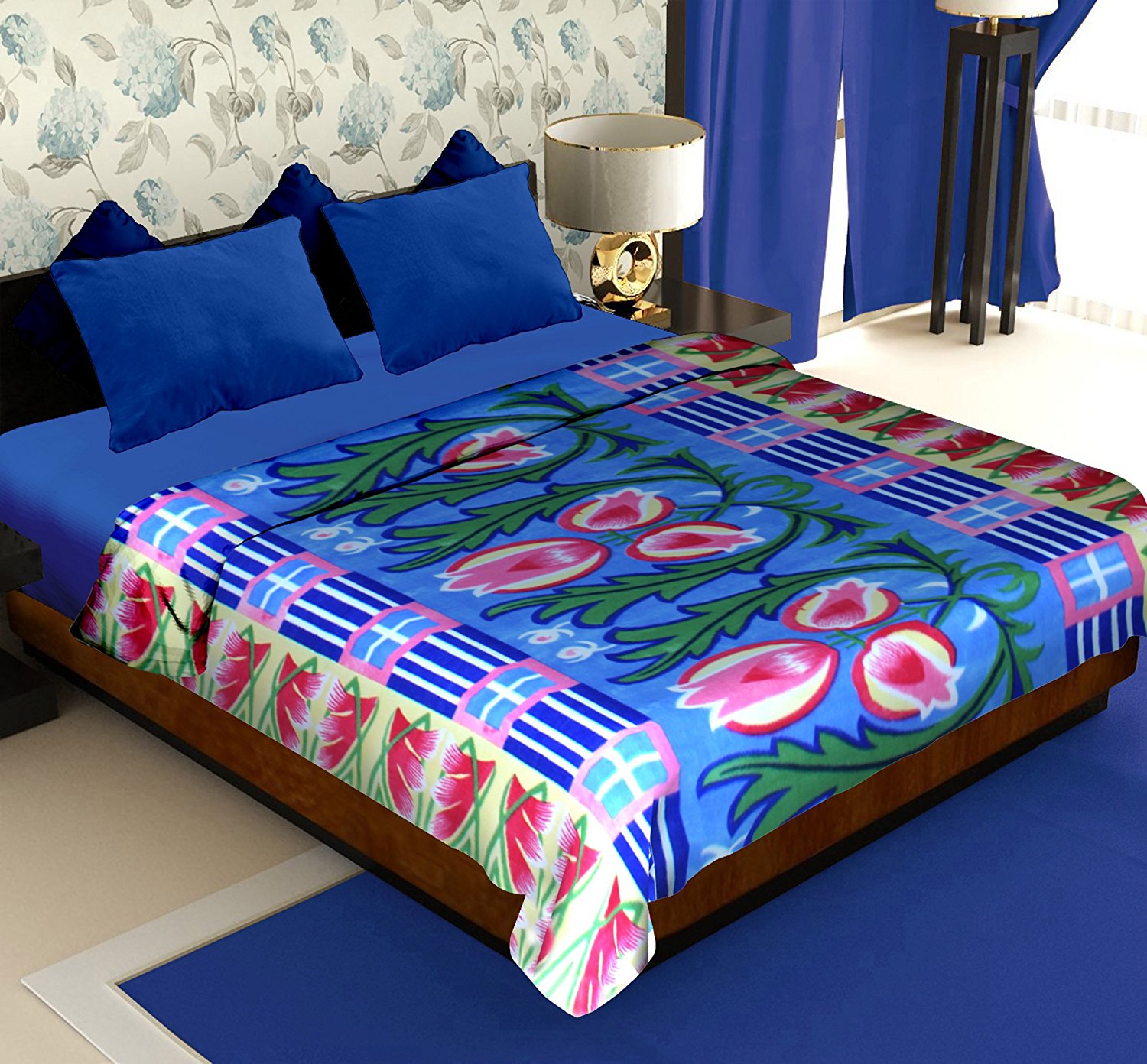 Cloral Collection Fleece Floral Polyester Double Blanket – Blue at Rs 229